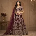 Womens Wine Maroon Embroidered Lehenga Choli with Net Dupatta for Wedding and Festive Party Wear Set