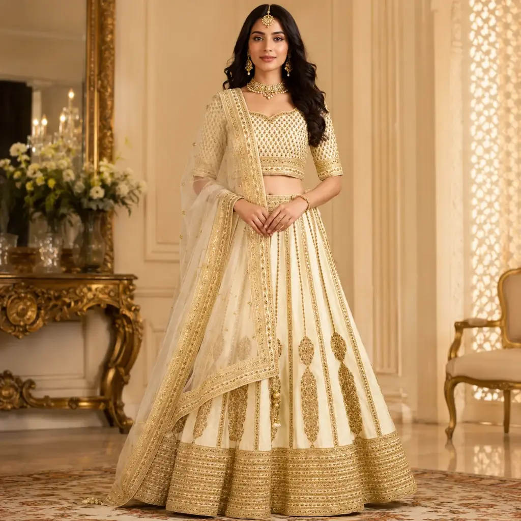 Women's Ivory Gold Embroidered Lehenga Choli with Net Dupatta for Wedding & Festive Party Wear Set