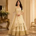 Women's Ivory Gold Embroidered Lehenga Choli with Net Dupatta for Wedding & Festive Party Wear Set