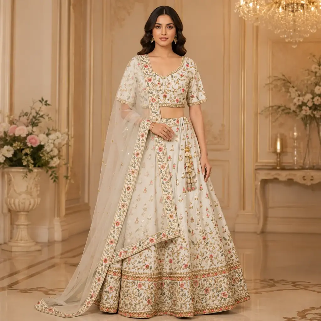 Women's Ivory Floral Embroidered Lehenga Choli with Net Dupatta for Wedding & Festive Party Wear Set