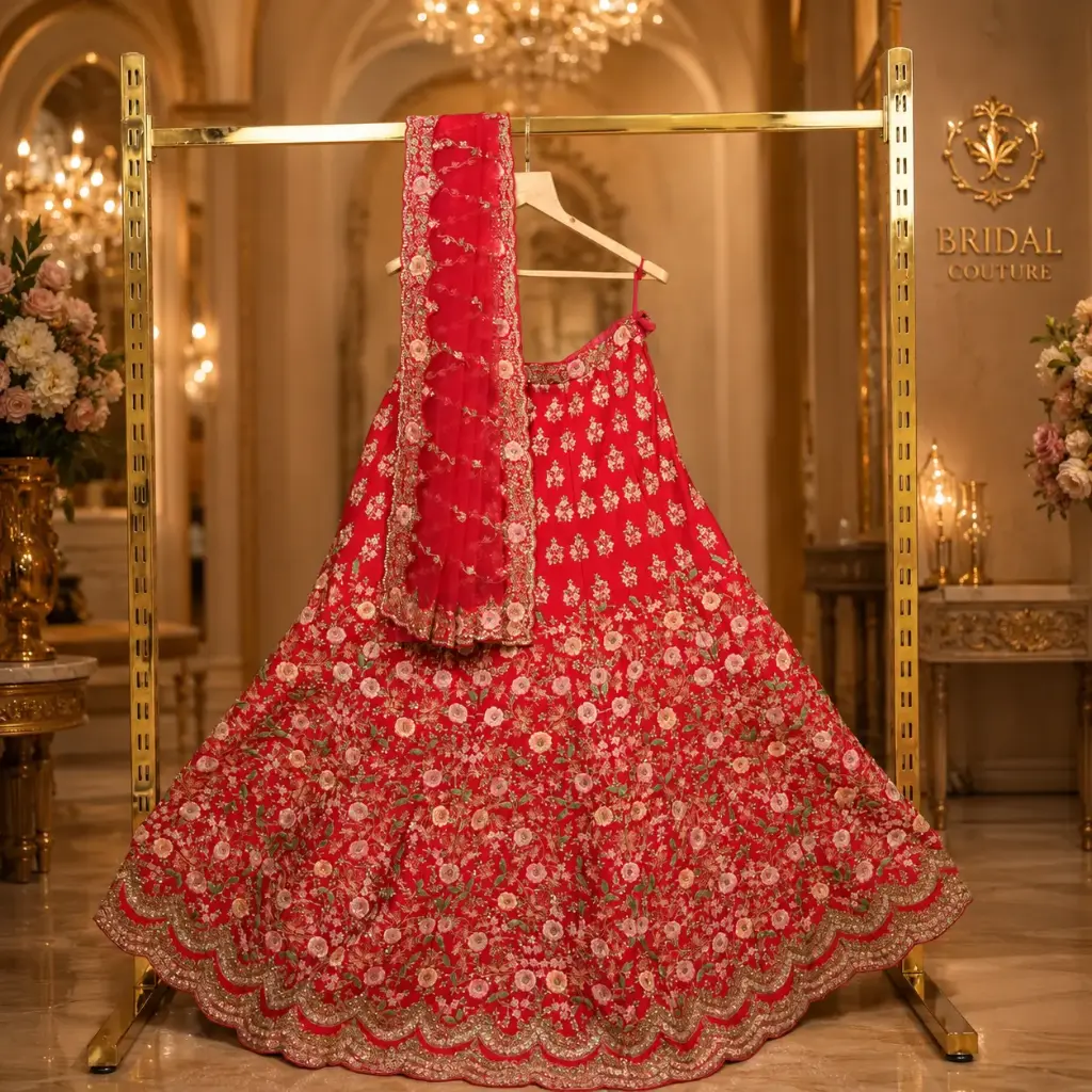Women's Coral Pink Bridal Lehenga Choli with Floral Embroidery and Matching Net Dupatta for Wedding