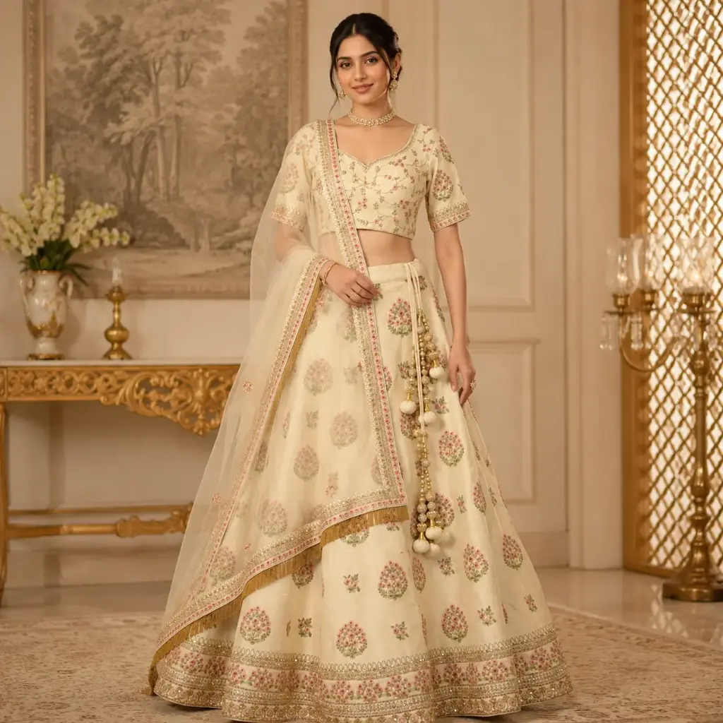 Women's Ivory Floral Lehenga Choli with Net Dupatta for Wedding Reception and Festive Party Wear Set