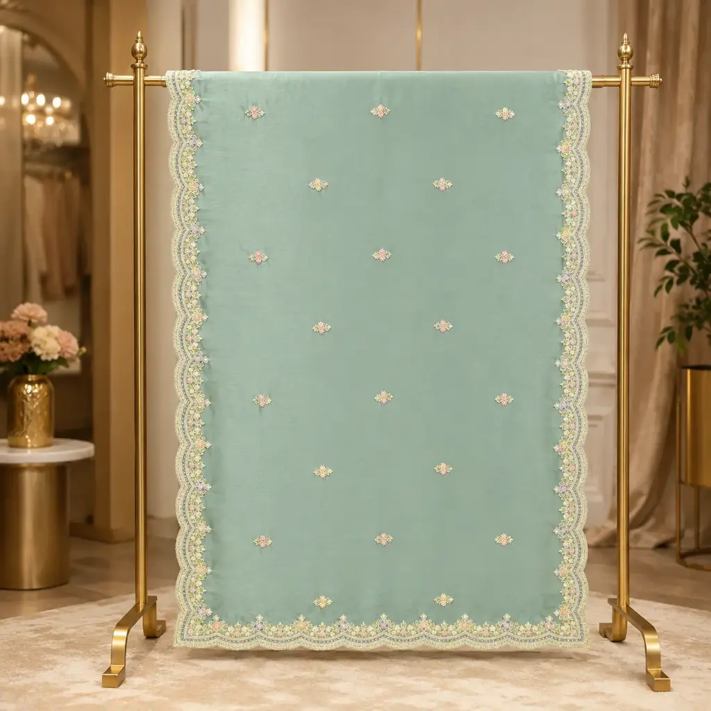 Sage Green Floral Embroidered Saree with Scalloped Border