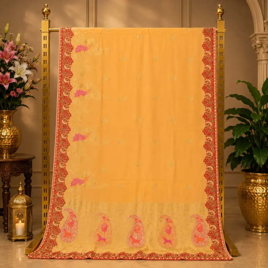 Women's Peach Saree with Red Embroidered Border and Pink Paisley Pallu