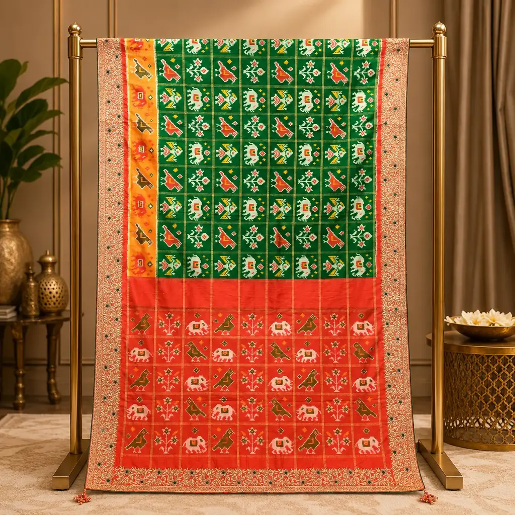 Green and Red Traditional Printed Saree with Orange Border
