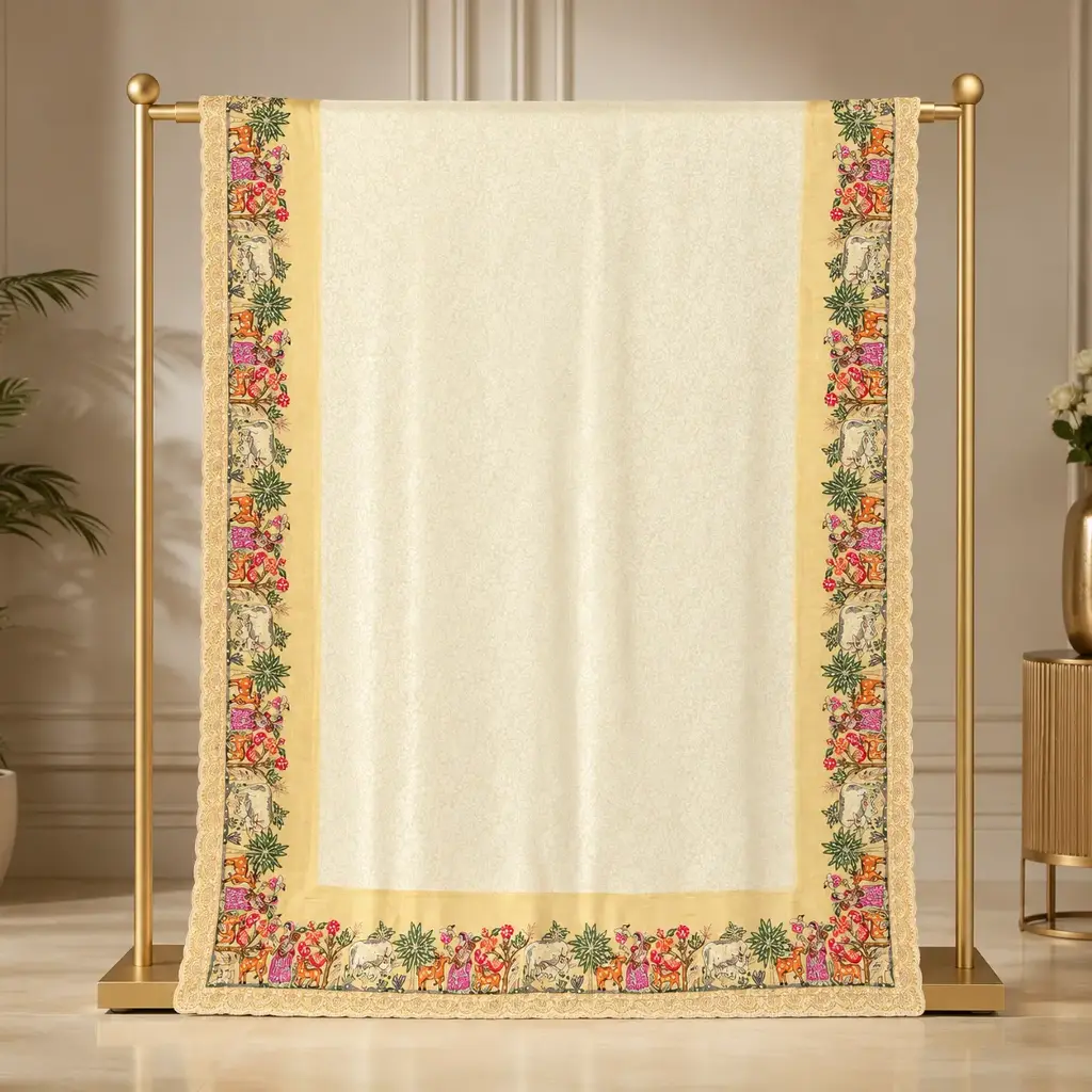 Luxurious Ivory Saree with Multicolour Animal Border and Scalloped Lace