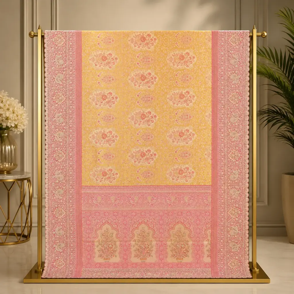 Mustard Yellow Saree with Pink Paisley Border and Embellished Pallu