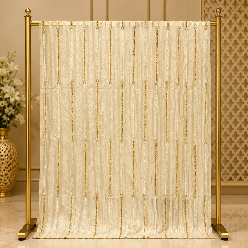 Ivory Striped Saree with Gold and Pearl Chain Embellishments