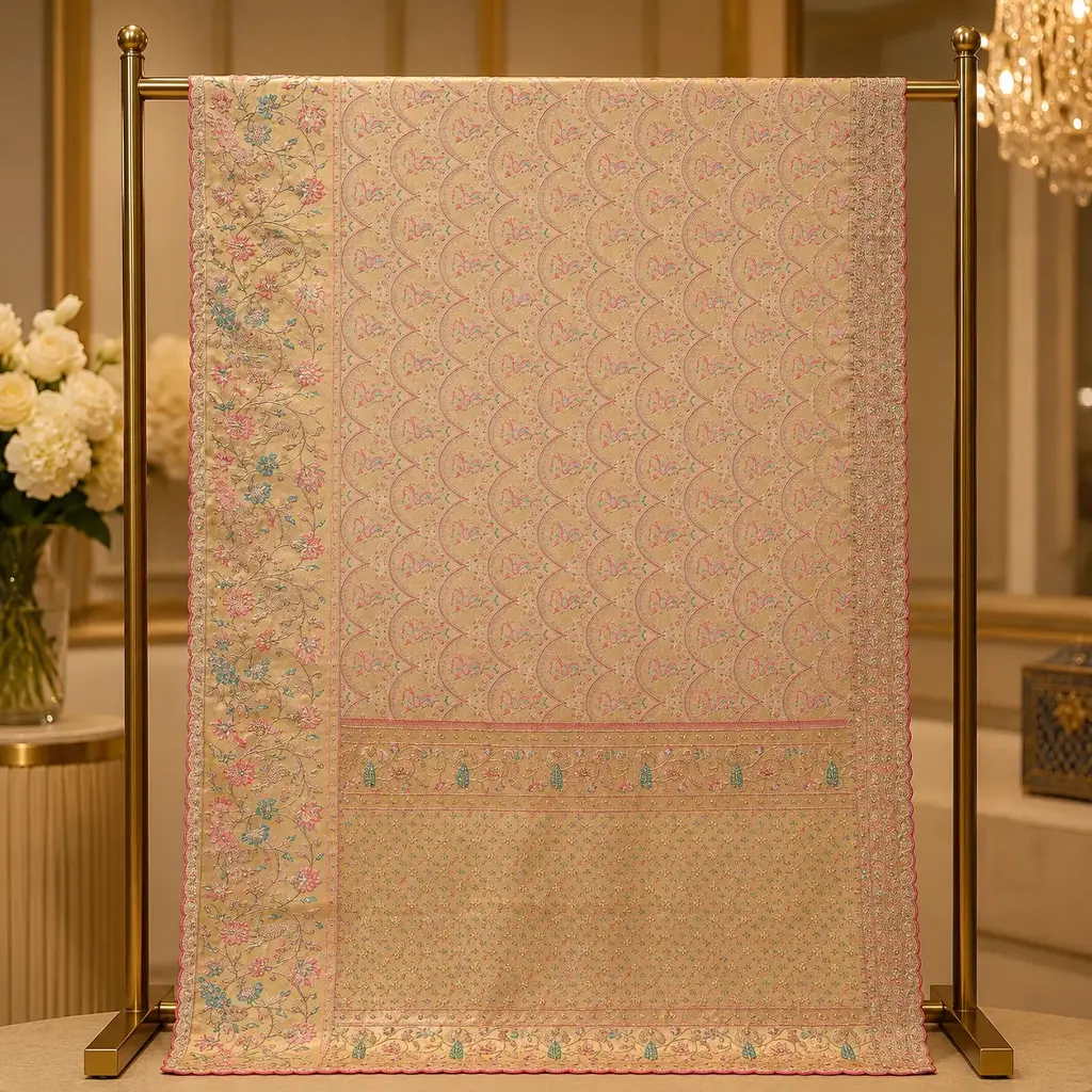 Beige Gold Saree with Pink Paisley Motifs, Floral Embroidery and Scalloped Border