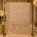 Beige Gold Saree with Pink Paisley Motifs, Floral Embroidery and Scalloped Border