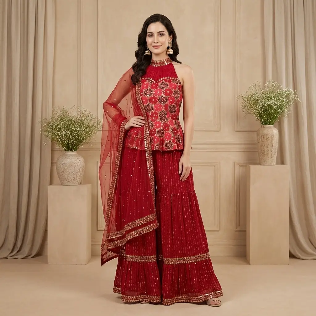 Crimson Red Halter Peplum Top and Tiered Sharara Set