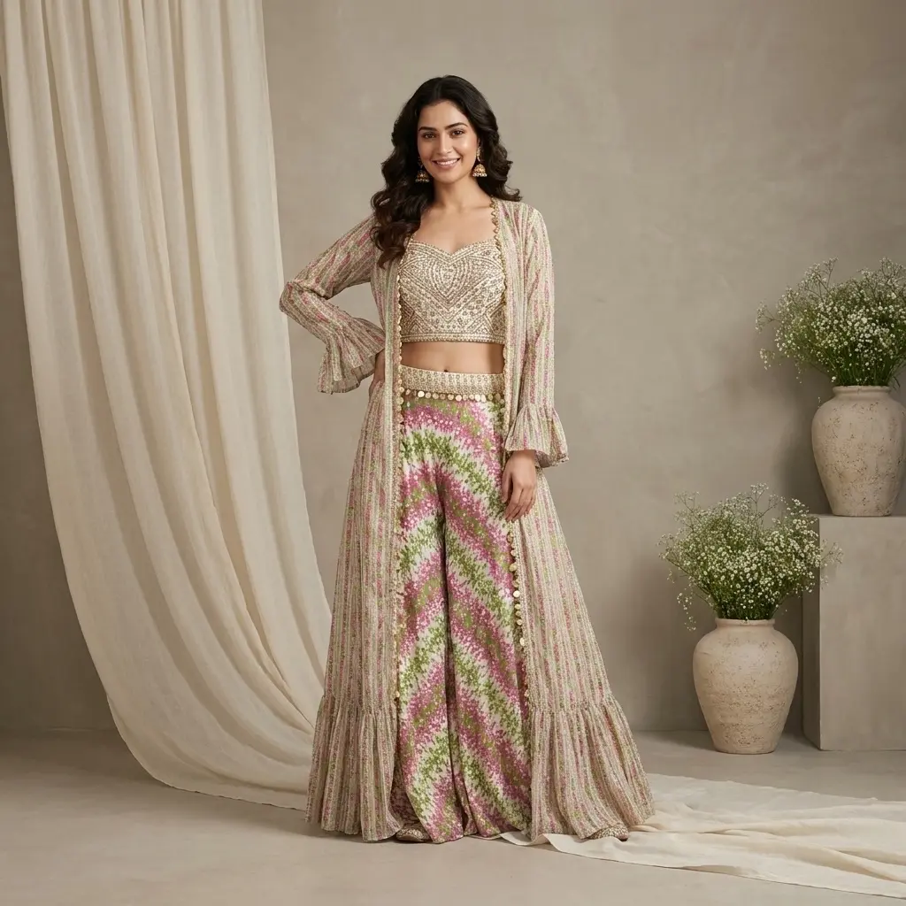 Ivory Printed Crop Top Sharara Set with Long Shrug