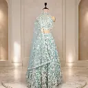Women's Ice Blue Lehenga Choli with Floral Embroidery and Net Dupatta