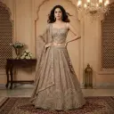 Taupe Silk Embroidered Lehenga Choli with Pastel Threadwork
