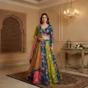 Peacock Blue and Olive Green Jacquard Silk Lehenga Choli Set