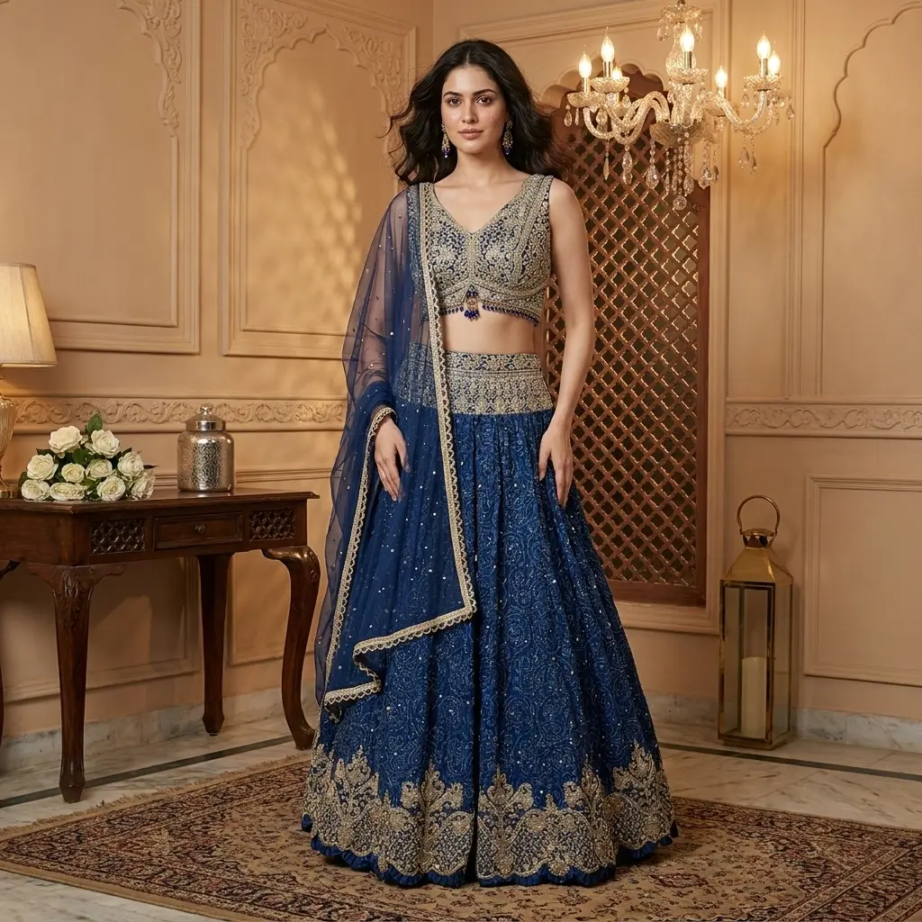 Royal Blue Bandhani Print Embroidered Lehenga Choli Set