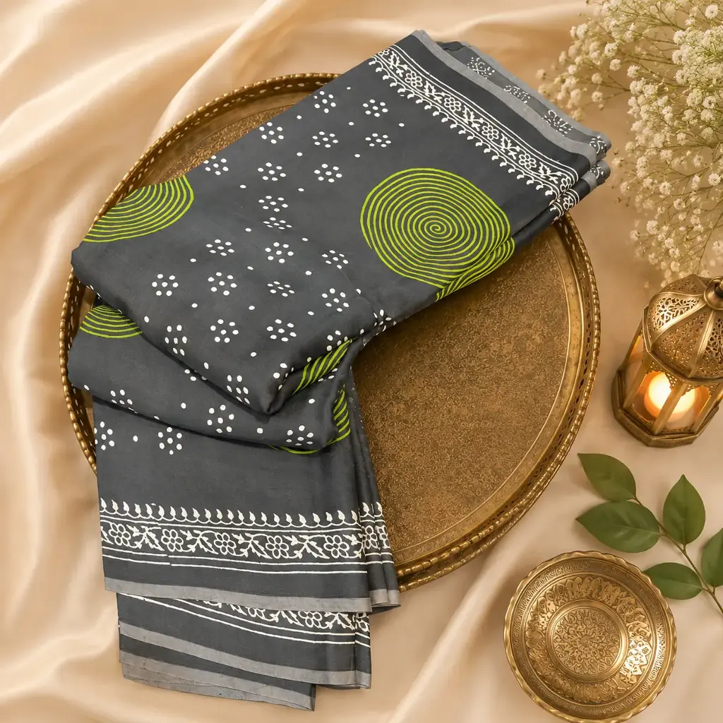 Grey Printed Cotton Blend Saree with Green Spiral Motifs