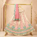 Women's Pink Ivory Lehenga Choli with Aqua Border, Sequin Embroidery & Matching Dupatta