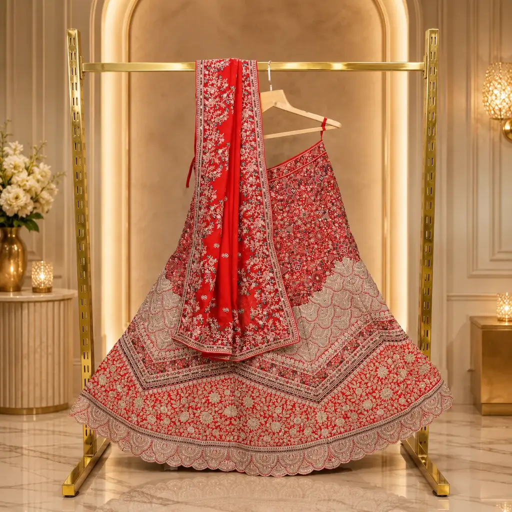 Women's Red Bridal Lehenga Choli with Heavy Embroidery and Matching Dupatta