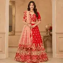 Women's Red Gold Embroidered Lehenga Choli with Blush Net Dupatta