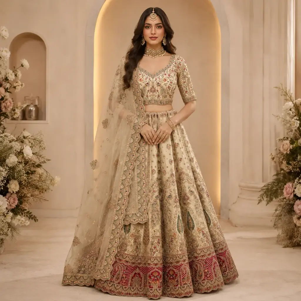 Women's Beige Multicolor Embroidered Lehenga Choli with Net Dupatta for Wedding and Festive Wear Set