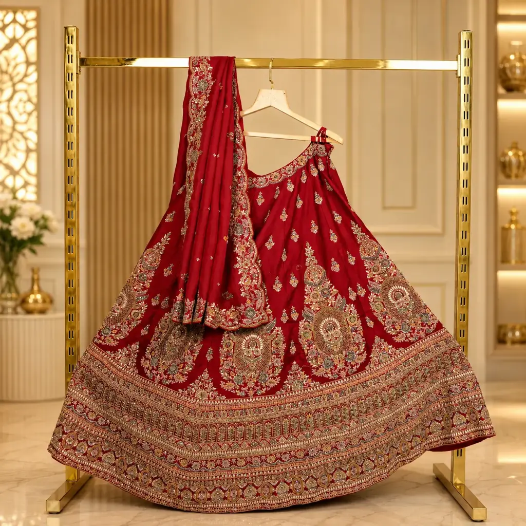 Women's Maroon Bridal Lehenga Choli with Heavy Gold Embroidery and Matching Dupatta