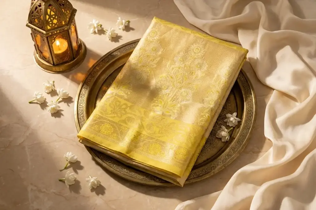 Dual-Tone Cream and Yellow Pure Kanchipuram Silk Saree