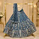 Women's Steel Blue Bridal Lehenga Choli with Gold Embroidery and Matching Dupatta