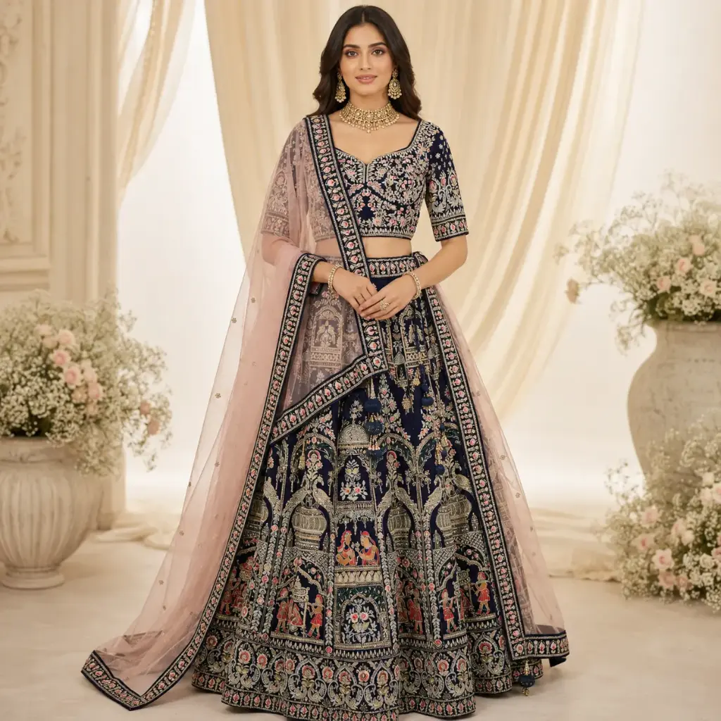 Women's Navy Blue Embroidered Lehenga Choli with Pink Net Dupatta for Wedding and Festive Party Wear