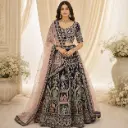 Women's Navy Blue Embroidered Lehenga Choli with Pink Net Dupatta for Wedding and Festive Party Wear
