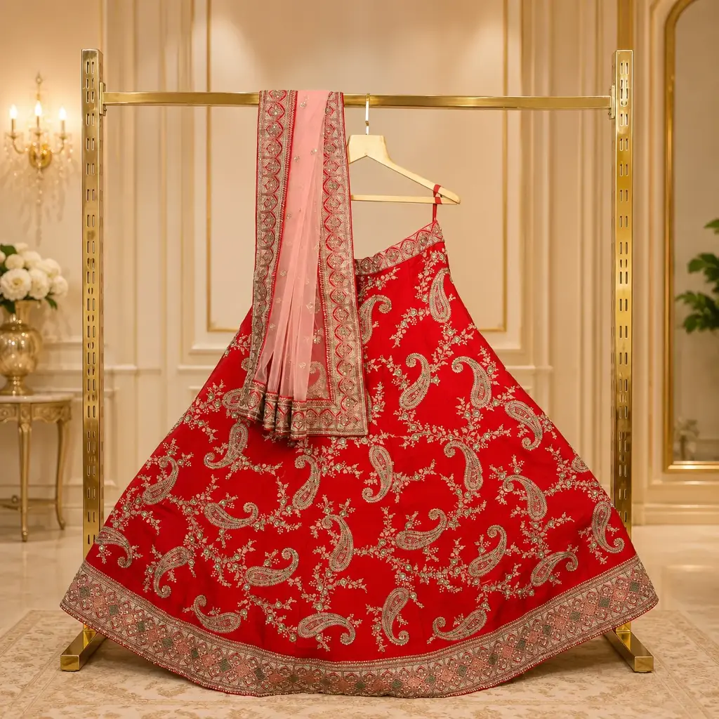 Women's Red Bridal Lehenga Choli with Paisley Embroidery and Blush Pink Dupatta