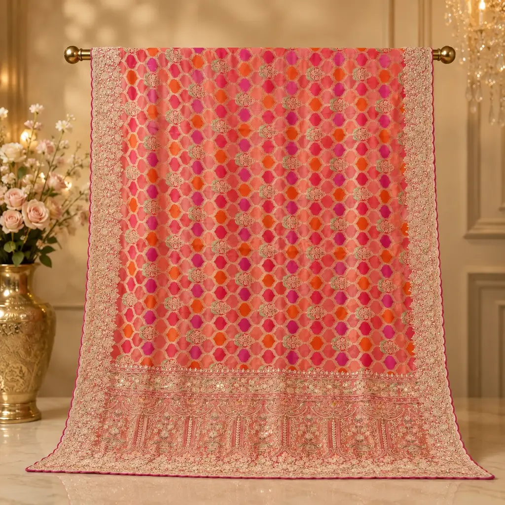 Peach Multicolor Printed Saree with Floral Geometric Design and Heavy Border