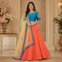 Women's Coral Orange Lehenga Choli with Turquoise Blouse & Net Dupatta for Wedding Festive Wear Set