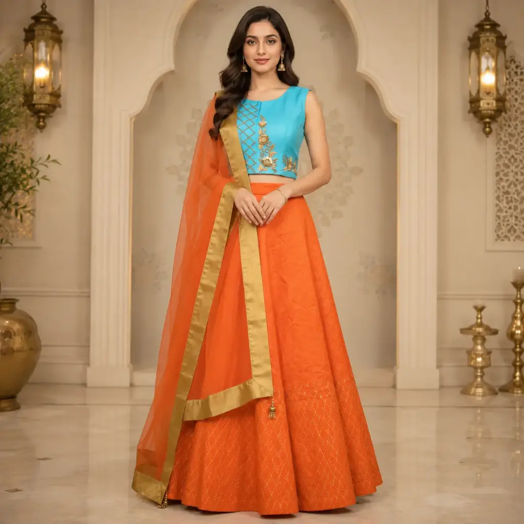 Women's Orange Lehenga Choli with Turquoise Blouse & Net Dupatta for Wedding Festive Party Wear Set