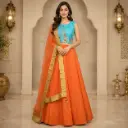 Women's Orange Lehenga Choli with Turquoise Blouse & Net Dupatta for Wedding Festive Party Wear Set