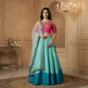 Pink Embroidered Blouse with Aqua Blue Silk Lehenga Set