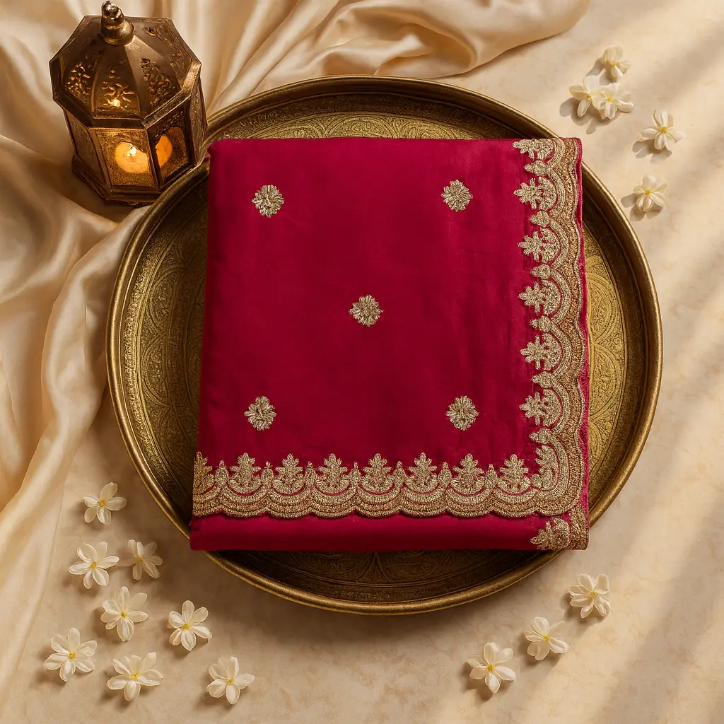 Elegant Crimson Red Hand-Embroidered Luxury Designer Saree