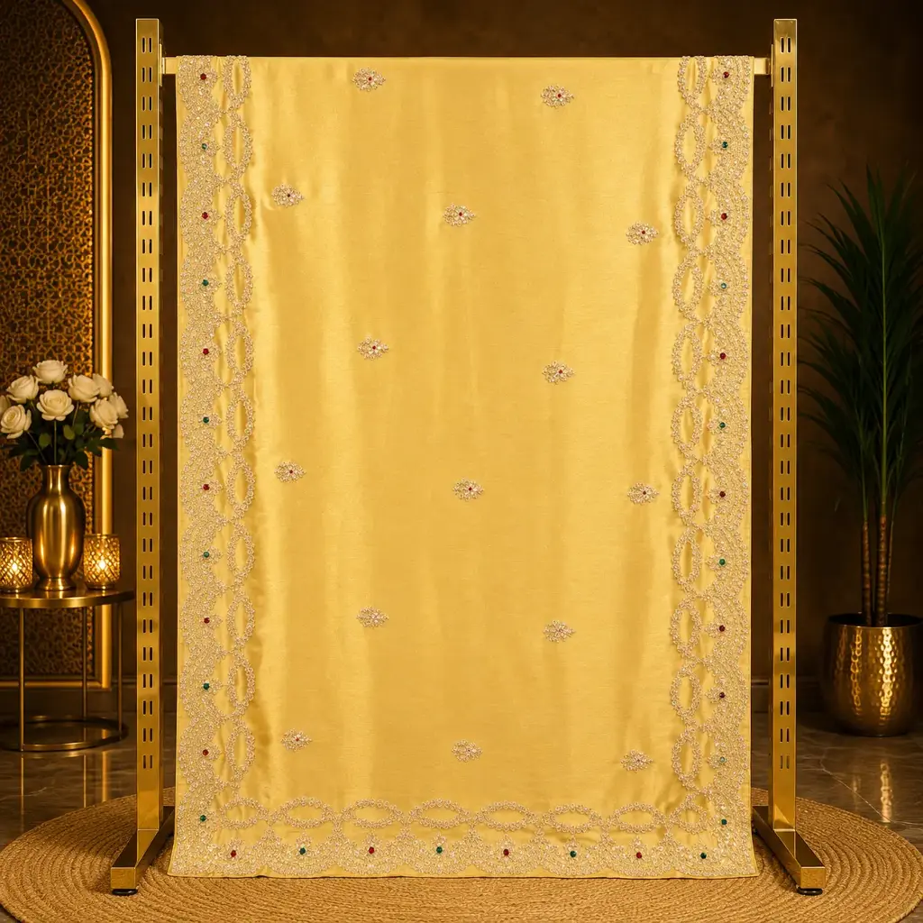 Golden Yellow Saree with Floral Buti Work and Stone Embroidered Border
