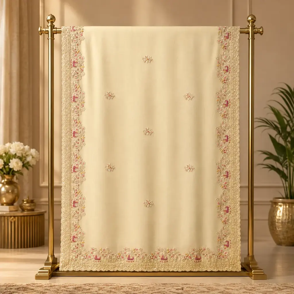 Elegant Ivory Embroidered Saree with Pink Floral Border