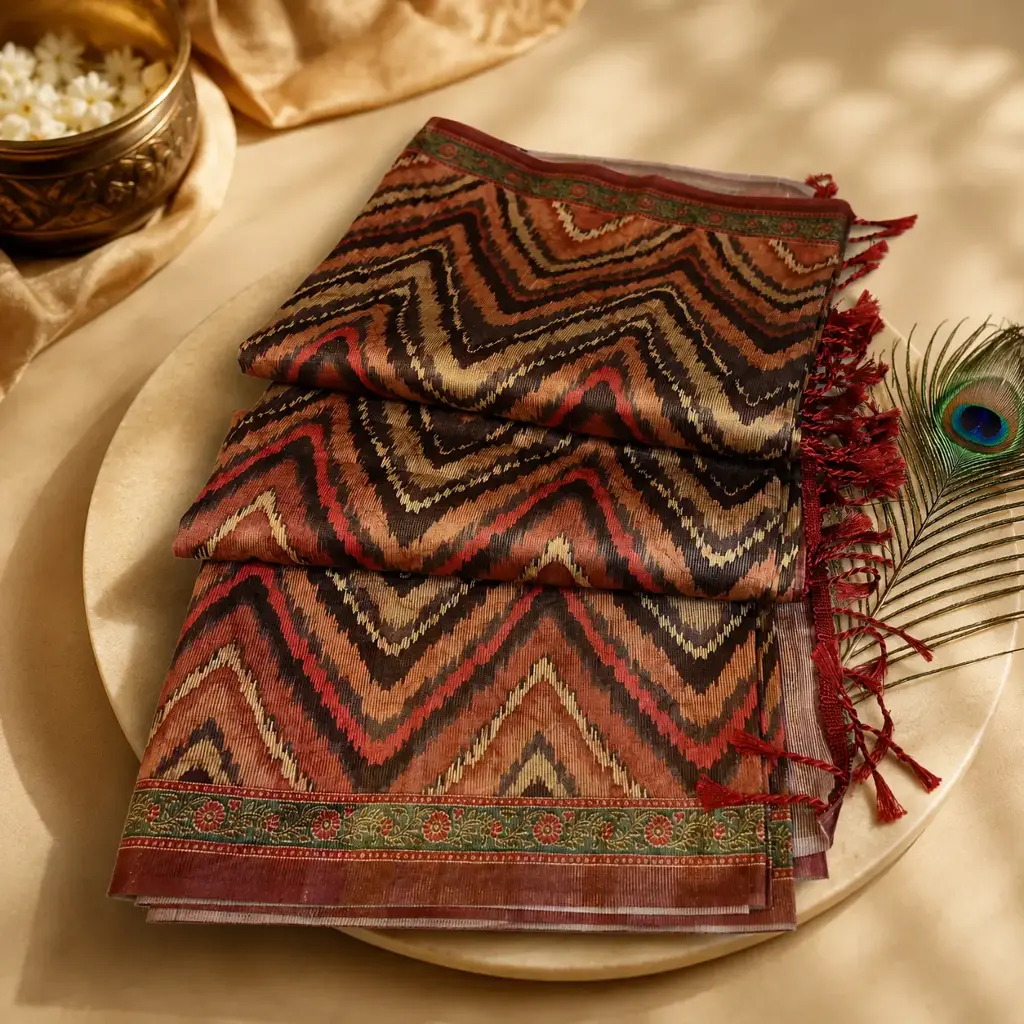 Elegant Multicolor Chevron Pattern Soft Silk Saree with Floral Border & Tassel Pallu
