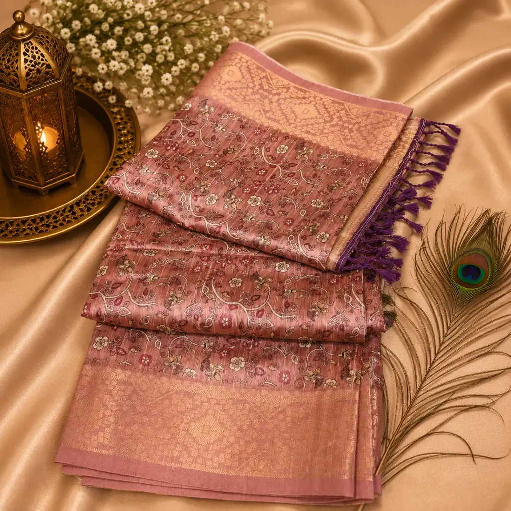 Elegant Dusty Rose Floral Woven Saree with Rich Jacquard Border & Purple Tassels