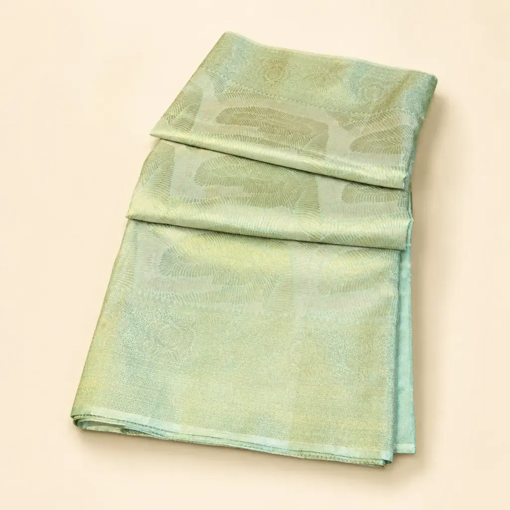 Seafoam Green Gold Banarasi Style Saree with Feather Zari Weave