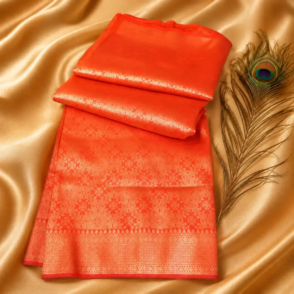 Coral Orange Silk Saree with Jacquard Zari Border & Glossy