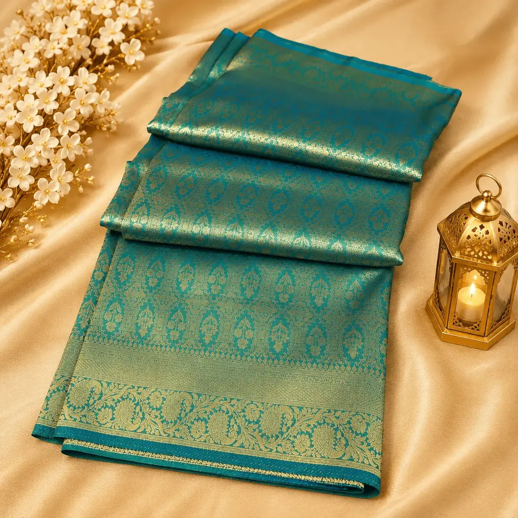 Teal Blue Silk Saree with Gold Zari Floral Border & Jacquard Weave