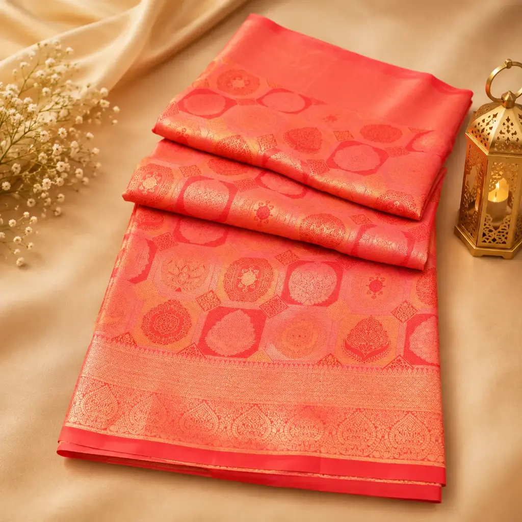 Elegant Peach Pink Banarasi Silk Saree with Golden Zari Motifs and Rich Woven Border