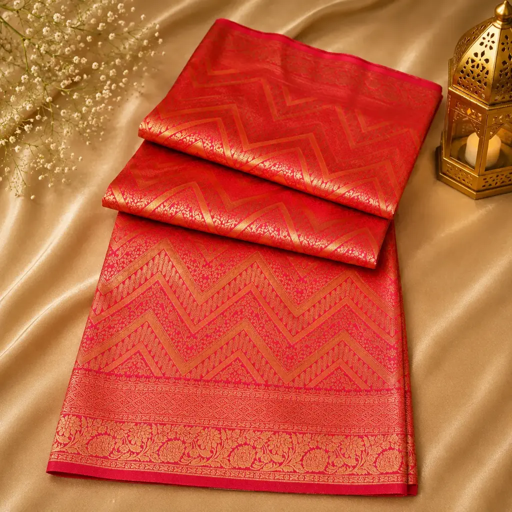 Elegant Coral Pink Banarasi Silk Saree with Rich Gold Zari Chevron Weave
