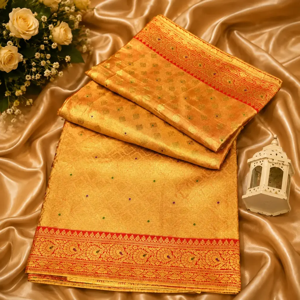Elegant Gold Banarasi Silk Saree with Red Zari Border and Traditional Woven Butta