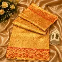 Elegant Gold Banarasi Silk Saree with Red Zari Border and Traditional Woven Butta