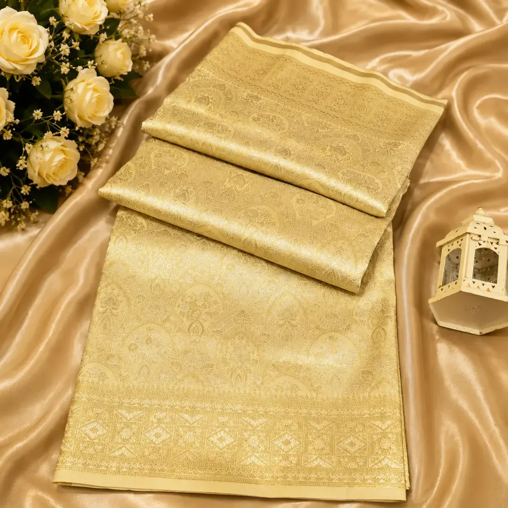 Elegant Champagne Gold Banarasi Silk Saree with Allover Zari Weave