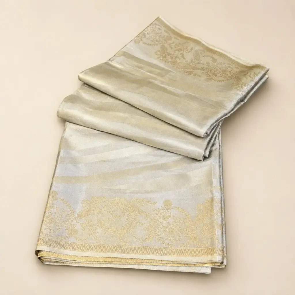 Silver Gold Banarasi Style Saree with Paisley Zari Border
